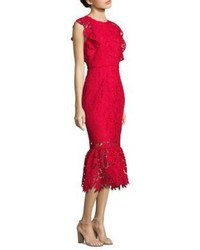 Red Ruffle Lace Midi Dress