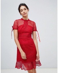 Chi Chi London Allover Lace Midi Dress With High Neck And Short Sleeve In Wine