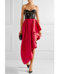 Moschino Faux Leather And Ruffled Satin Midi Dress Red