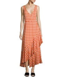 Diane von Furstenberg Gingham Asymmetrical Ruffled Midi Dress