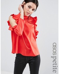 Asos Petite Petite Satin Top With High Neck And Ruffle Cold Shoulder