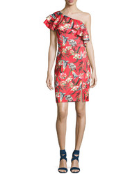 Neiman Marcus Ruffled One Shoulder Floral Print Sheath Dress Red Pattern