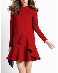Red Stand Collar Ruffle Slim Dress
