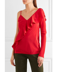 Diane von Furstenberg One Shoulder Ruffled Silk Crepe De Chine Blouse Red