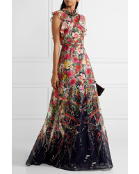 Lela Rose Ruffled Floral Print Cotton Voile Gown Red