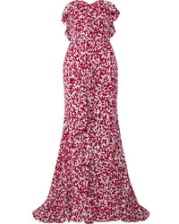 Oscar de la Renta Strapless Ruffled Printed Silk Crepe De Chine Gown Red