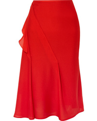 Red Ruffle Silk Midi Skirt