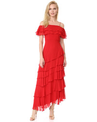 Red Ruffle Silk Off Shoulder Dress