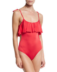 Jets By Jessika Allen Tie Shoulder Ruffled Popover One Piece Swimsuit Red