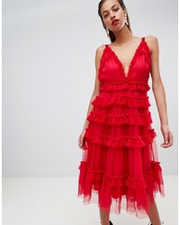 Red Ruffle Tulle Fit and Flare Dress