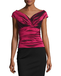 Rickie Freeman For Teri Jon Cap Sleeve Tiered Stretch Satin Top Red