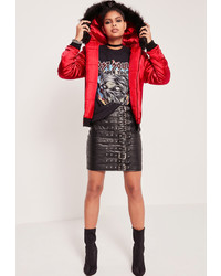 Missguided Satin Faux Fur Hood Padded Bomber Red