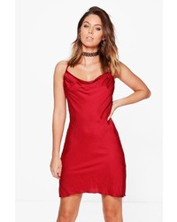 Women's Red Satin Cami Dress, Silver Sequin Ankle Boots, Black Suede  Clutch, Silver Choker