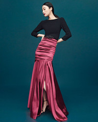 Theia 34 Sleeve Ruched Mermaid Combo Gown