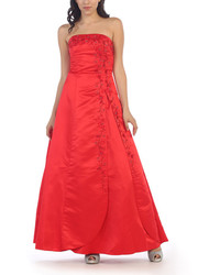 Red Embroidered Strapless Gown Plus Too