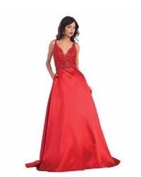 Unique Vintage Red Sleeveless Sweetheart Embellished Satin Long Gown
