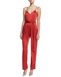 Diane von Furstenberg Satin Sleeveless Pleat Front Belted Jumpsuit Red