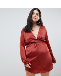 PrettyLittleThing Plus Hammered Satin Wrap Dress In Rust