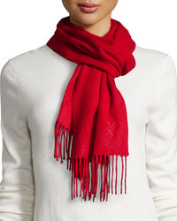 Saint Laurent Logo Embroidered Fringed Scarf Red
