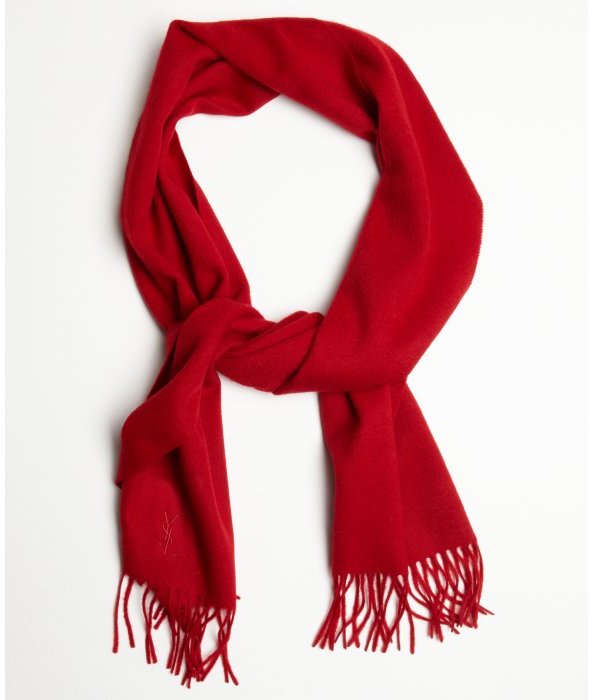 Saint Laurent Yves Red Wool Knit Fringed Scarf, $225 | Bluefly