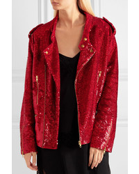 Ashish Sequined Cotton Biker Jacket Crimson
