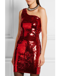 Saint Laurent One Shoulder Sequined Mini Dress Red