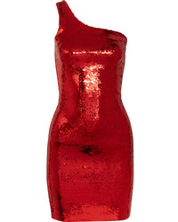 Saint Laurent One Shoulder Sequined Mini Dress Red