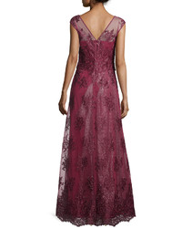 Kay Unger New York Cap Sleeve Sequined Gown Wine