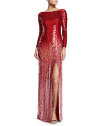 Jenny Packham Long Sleeve Boat Neck Ombre Sequined Gown Tomette