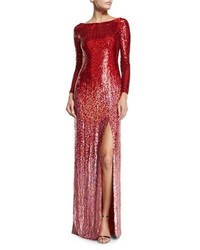 Jenny Packham Long Sleeve Boat Neck Ombre Sequined Gown Tomette