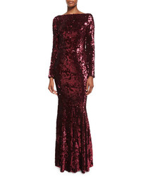 Talbot Runhof Lorena Sequined Long Sleeve Gown Red