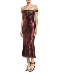 Theia Off The Shoulder Fitted Sequin Cocktail Dress