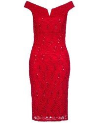 Quiz Red Lace Sequin Bardot Dress
