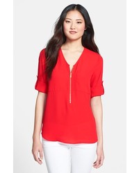 Chaus Roll Sleeve Front Zip Blouse Flame Red Small