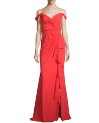 Badgley Mischka Off The Shoulder Stretch Silk Sweetheart Gown Poppy