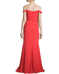 Badgley Mischka Off The Shoulder Stretch Silk Sweetheart Gown Poppy