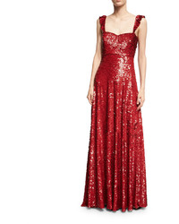 Valentino Sleeveless Sequined Silk Sweetheart Gown Red