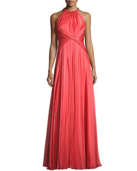 Carmen Marc Valvo Sleeveless Shirred Silk Gown Coral