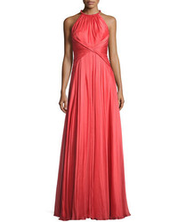 Carmen Marc Valvo Sleeveless Shirred Silk Gown Coral