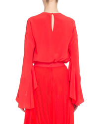 Givenchy Bell Sleeve Jewel Neck Silk Blouse Red
