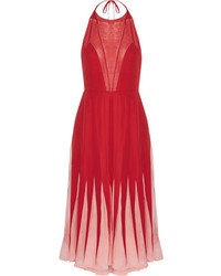 Valentino Chiffon Trimmed Silk Crepe De Chine Halterneck Midi Dress Red