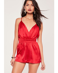 Missguided Silky Waist Band Detail Playsuit Red