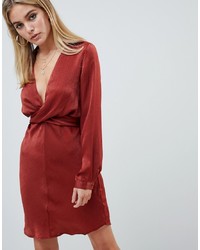 PrettyLittleThing Hammered Satin Tie Back Dress In Rust