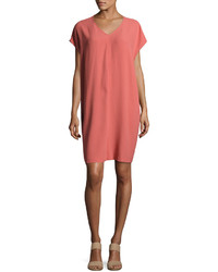 Eileen Fisher Short Sleeve Silk Shift Dress Coral