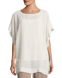 Eileen Fisher Bateau Neck Sheer Silk Georgette Box Top