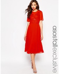 Asos Tall Midi Skater Dress With Lace And Pleat