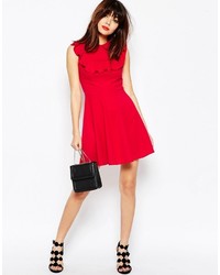 Asos Collection Skater Dress In Ponte With Collar And Ruffle Detail