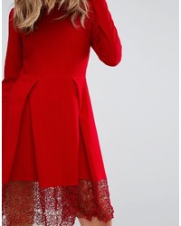 Traffic People Long Sleeve Skater Dress With Lace Insert
