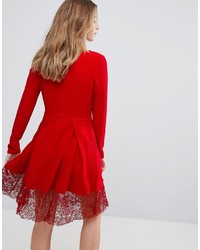 Traffic People Long Sleeve Skater Dress With Lace Insert
