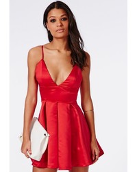 Missguided Satin Plunge Structured Skater Dress Red
